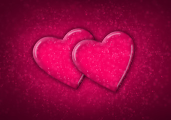 Two pink hearts on pink sparkling background
