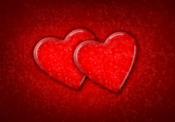 Two red hearts on red sparkling background