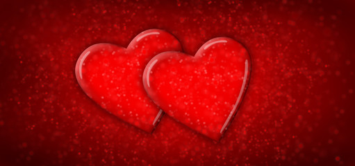 Two red hearts on red sparkling background/panorama