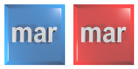 Blue and red couple of square push buttons MARCH - 3D rendering illustration