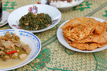 Straw mat with Indonesia traditional dishes at Yogyakarta, Indonesia