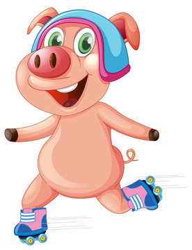 Happy pig playing roller skate
