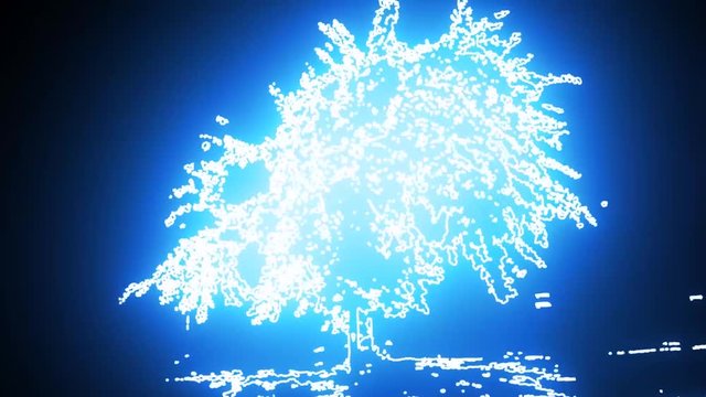 Electronic glowing blue tree blowing in the wind.  Moving art with a black background.
