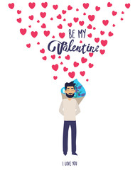 Happy Valentines day banner. be my valentine Vector flat illustration with hearts, men, surprise for 14 february