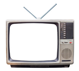 Vieille télévision de style rétro vintage classique avec écran découpé, vieille télévision avec ancien antenne de télévision arrière-plan isolé.