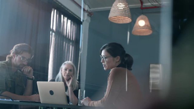 Mature business woman showing a presentation on laptop to colleagues around a table. Business woman giving a small overview on laptop during new project discussion.