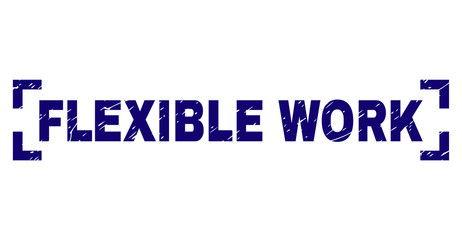 FLEXIBLE WORK text seal print with distress texture. Text caption is placed between corners. Blue vector rubber print of FLEXIBLE WORK with scratched texture.