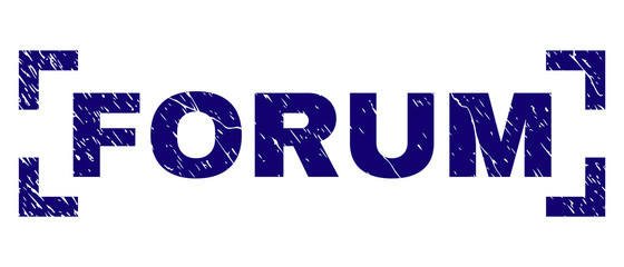 FORUM label seal print with distress texture. Text title is placed between corners. Blue vector rubber print of FORUM with grunge texture.