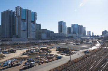東京　山手線　新駅　建設中の高輪ゲートウェイ駅から品川駅を望む　2019年撮影