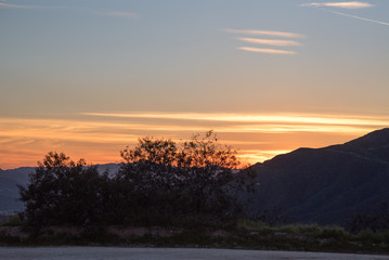 Stripey glowing clouds over California mountains with trees in the foreground