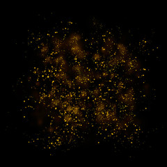 Gold glitter particles lights and bokeh on a black background. Christmas abstract sparkle texture.