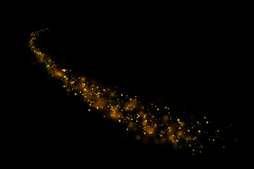 Gold glitter particles lights trail and bokeh on a black background. Abstract line sparkle texture. - obrazy, fototapety, plakaty