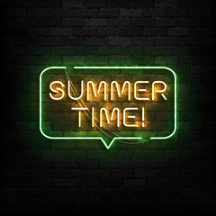 Obraz premium Vector realistic isolated neon sign of Summer Time logo for template decoration and layout covering on the wall background.