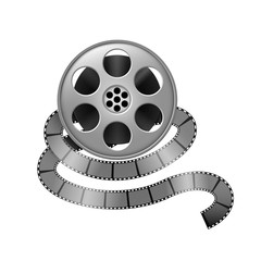 Film reel and twisted cinema tape isolated on white background