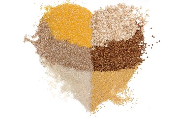grains of rice, oat, corn, buckwheat, wheat, barley-corn in shape of heart