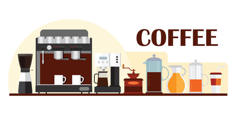 Fototapeta premium Colorful template for banner design with coffee equipment.