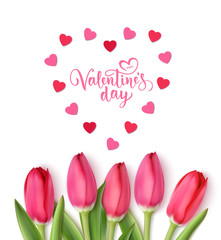 Happy Valentine's Day design template. Pink tulips with decorative heart confetti isolated on white background. Vector illustration