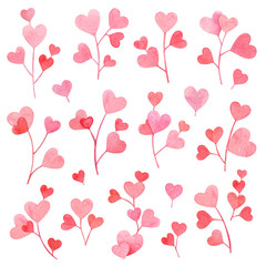 Fototapeta na wymiar Watercolor branches with pink and red heart shaped leaves isolated on white background.