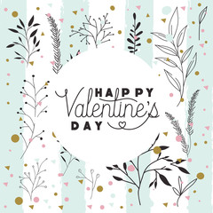 happy valentines day card with leafs circular frame