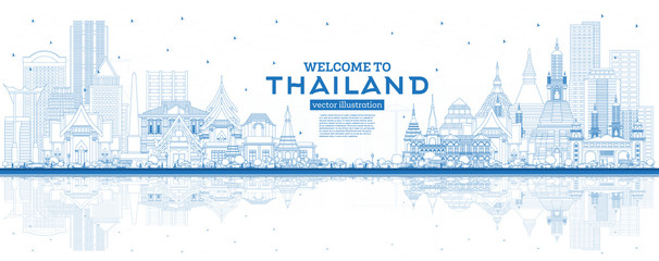 Naklejka premium Outline Welcome to Thailand City Skyline with Blue Buildings and Reflections.