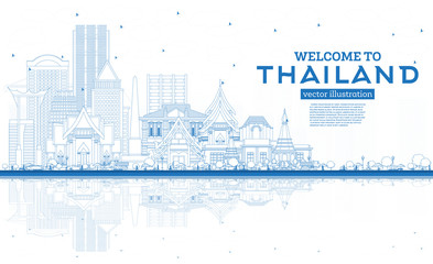Fototapeta premium Outline Welcome to Thailand City Skyline with Blue Buildings and Reflections.