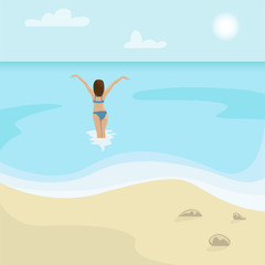 Fototapeta na wymiar Beach landscape. Girl in a swimsuit is in the sea. Flat vector illustration.