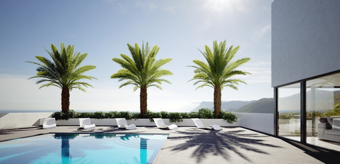 Tropical summer, luxury villa with swimming pool and palm trees, summer concept, 3d render - obrazy, fototapety, plakaty