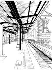 漫画風ペン画イラスト　駅　ホーム
