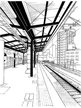 漫画風ペン画イラスト 駅 ホーム Stock Illustration Adobe Stock