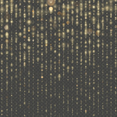 Fashion strass drops with shiny sequins. Christmas and New Year effect. Sparkling of shimmering light blurs. Overlay transparent glitter threads of curtain backdrop. Gold particles lines rain. EPS 10