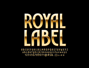 Vector Golden logo Royal Label. Luxury glossy Font. Reflective Alphabet Letters, Numbers and Symbols. 