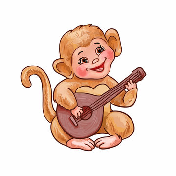 Cute little monkey plays the balalaika, small guitar or ukulele. Hand-drawn vector illustration of funny childish character