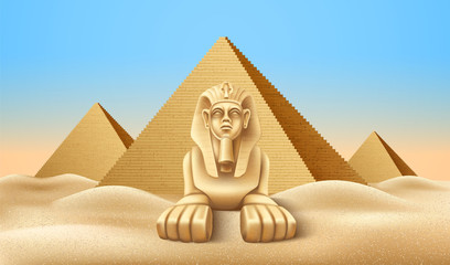 Vector Egypt pyramid and sphinx landmark realistic - obrazy, fototapety, plakaty
