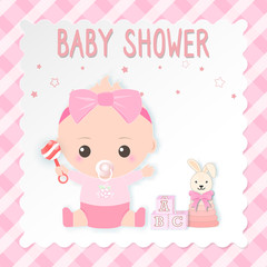 Baby shower card, baby girl and toy. Greeting card paper art style illustration