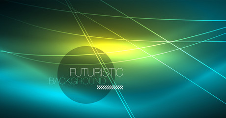 Digital technology abstract background - neon geometric design. Abstract glowing lines. Colorful techno background. Futuristic shape.