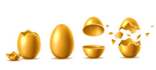 Vector 3d golden eggs with broken eggshell set