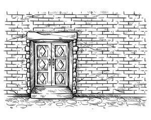 sketch hand drawn old double rectangular wooden door in brick wall vector