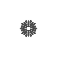 Black flat icon of chrysanthemum flower. Big Bloom with big oval petals and white core. Isolated on white.