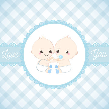 Twin babies boy and lace frame, Baby shower card. Greeting card