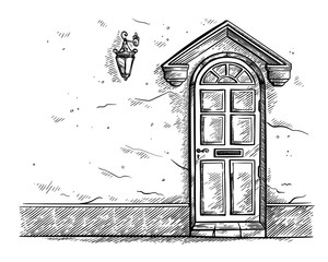 sketch hand drawn old wooden door in the wall with cornice vector