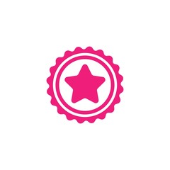 Pink circle with ribbon and pink star. Flat sticker icon. Isolated on white. Accept button.