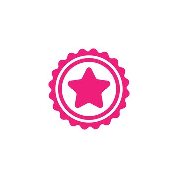 Pink circle with ribbon and pink star. Flat sticker icon. Isolated on white. Accept button.