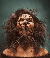 Death bush,Ghost woman with bush or dead tree in her mouth,3d illustration - 245294155