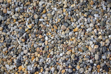 Small colorful pebbles background, tiny beach stones, various colors