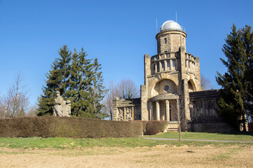 Fototapeta premium Historic Masaryk lookout tower of independence in Horice in Czech republic, sunny day