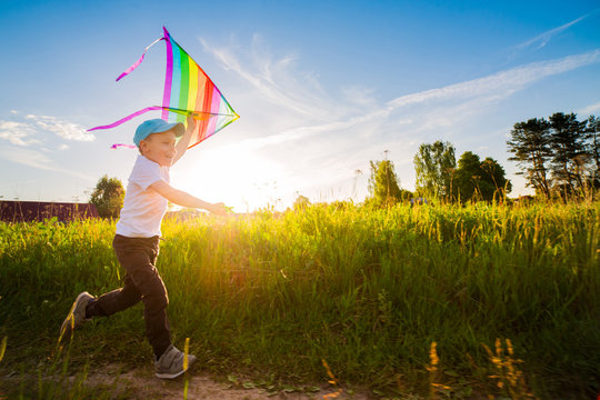 happy boy with a kite running in a meadow in summer in nature.