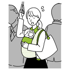 子連れ出勤をする女性。