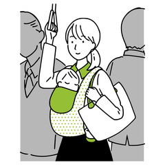 子連れ出勤をする女性。