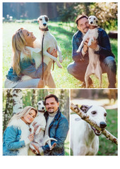 Obraz na płótnie Canvas collage with beautiful lovely couple (woman and man) in keans clothes walking with whippets dogs outdoor - healthy lifestyle
