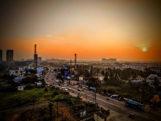 city skyline at sunset